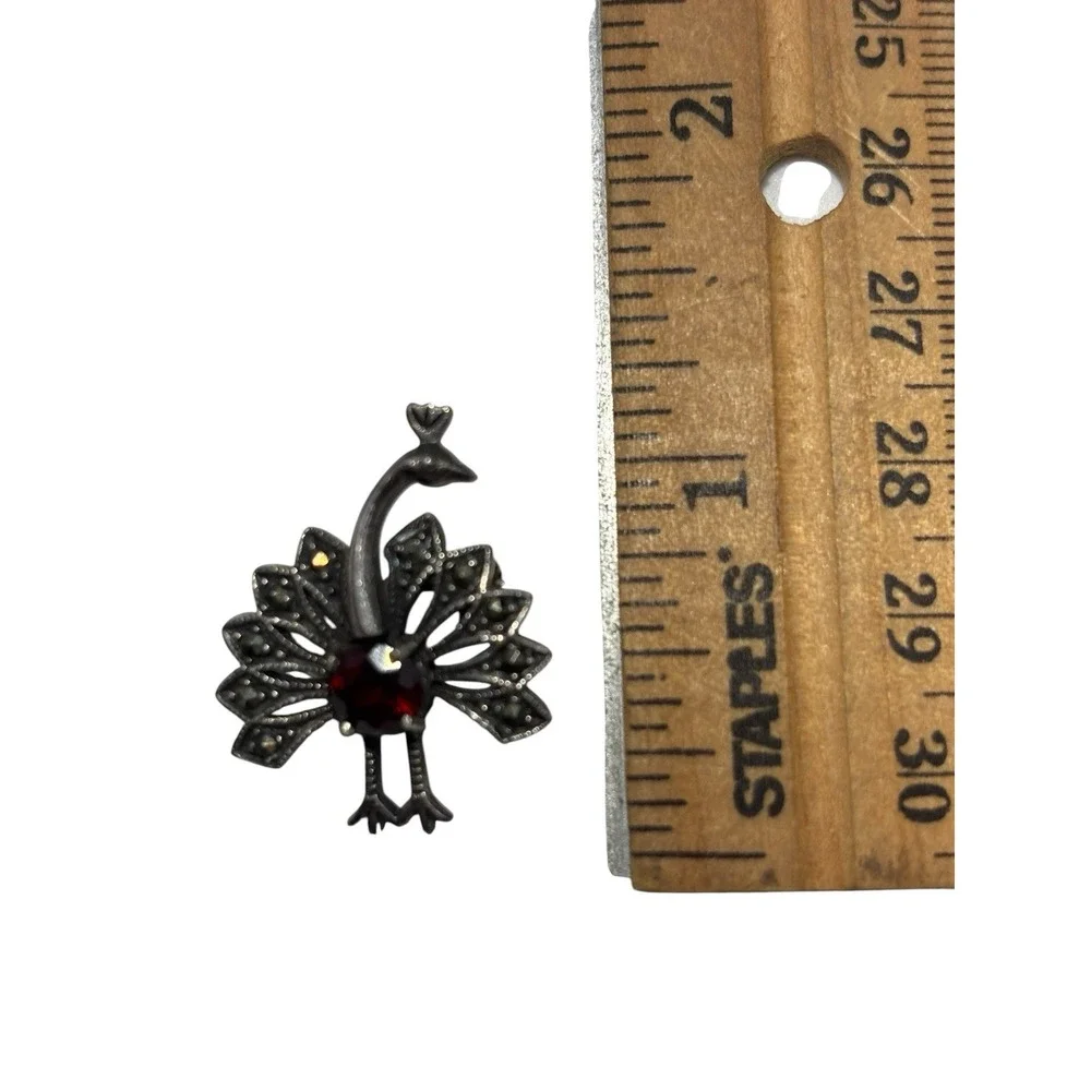 Vintage Sterling Silver 925 Red Stone Marcasite Peacock Bird Dainty Brooch Pin